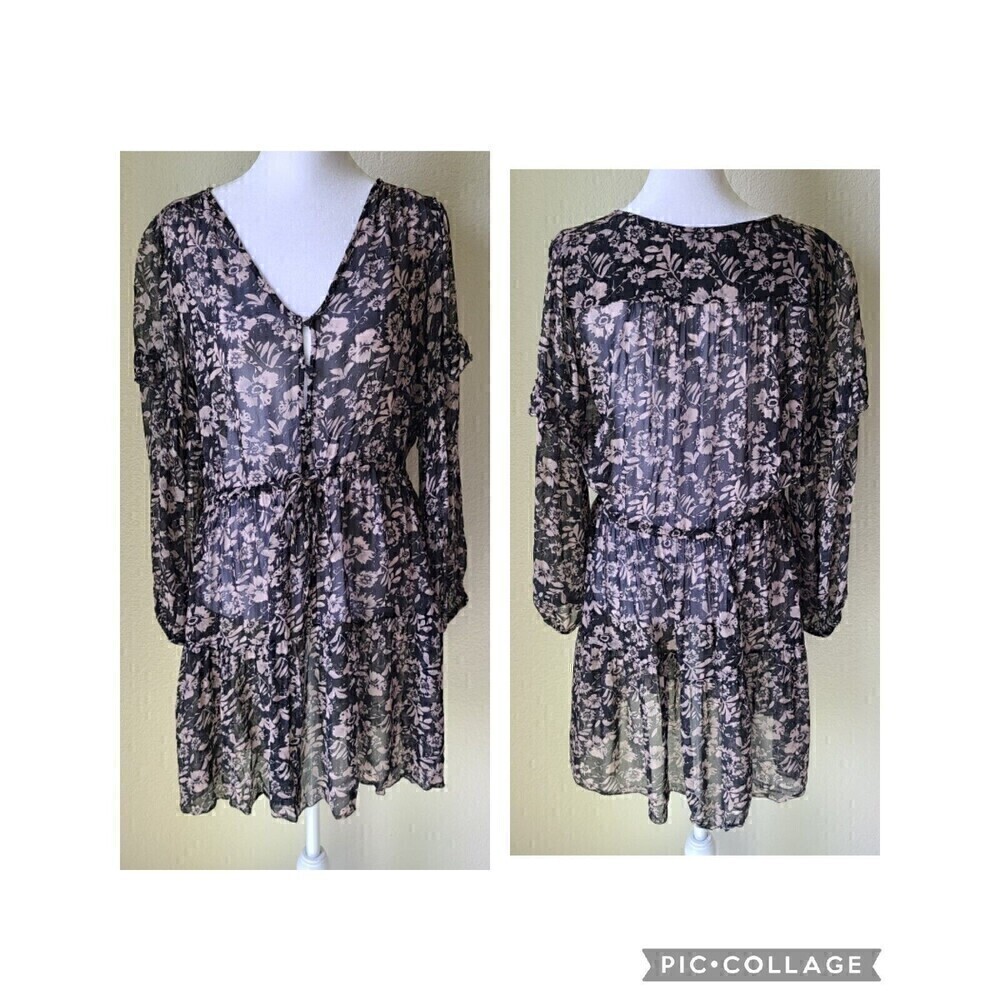 Velvet by Graham &‎ Spencer Boho Dress Small Sheer Peasant Floral Black Ruffle